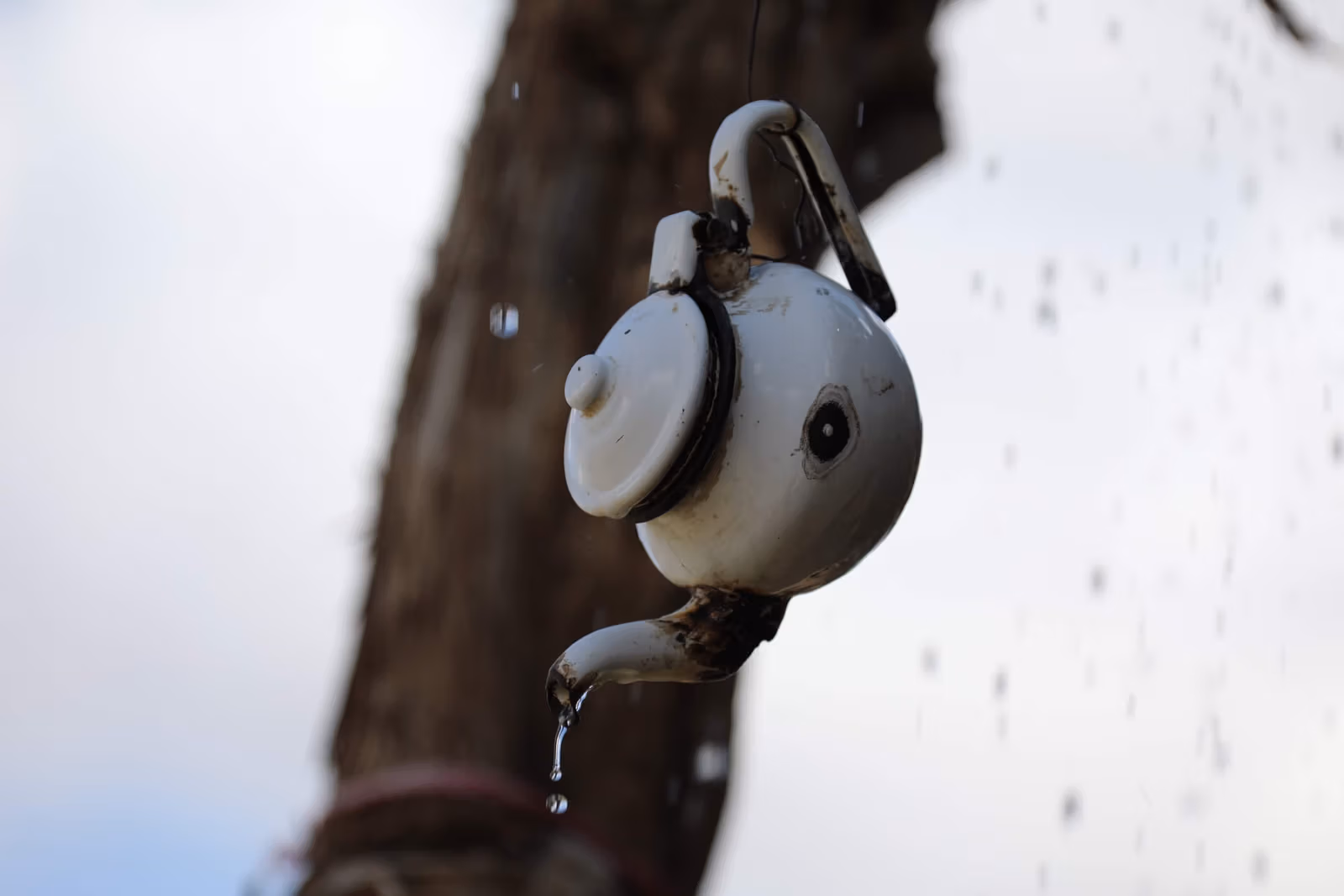 Enamel teapot hanging in snow