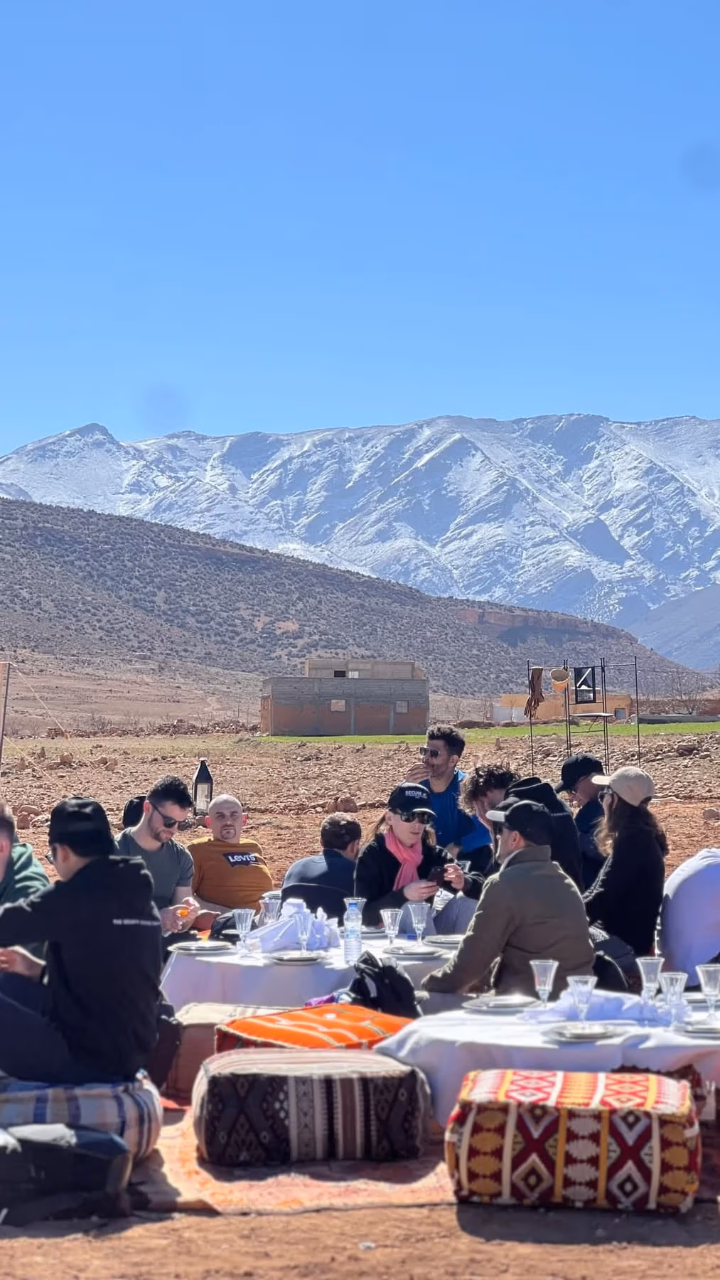 Group lunch long tables snow atlas
