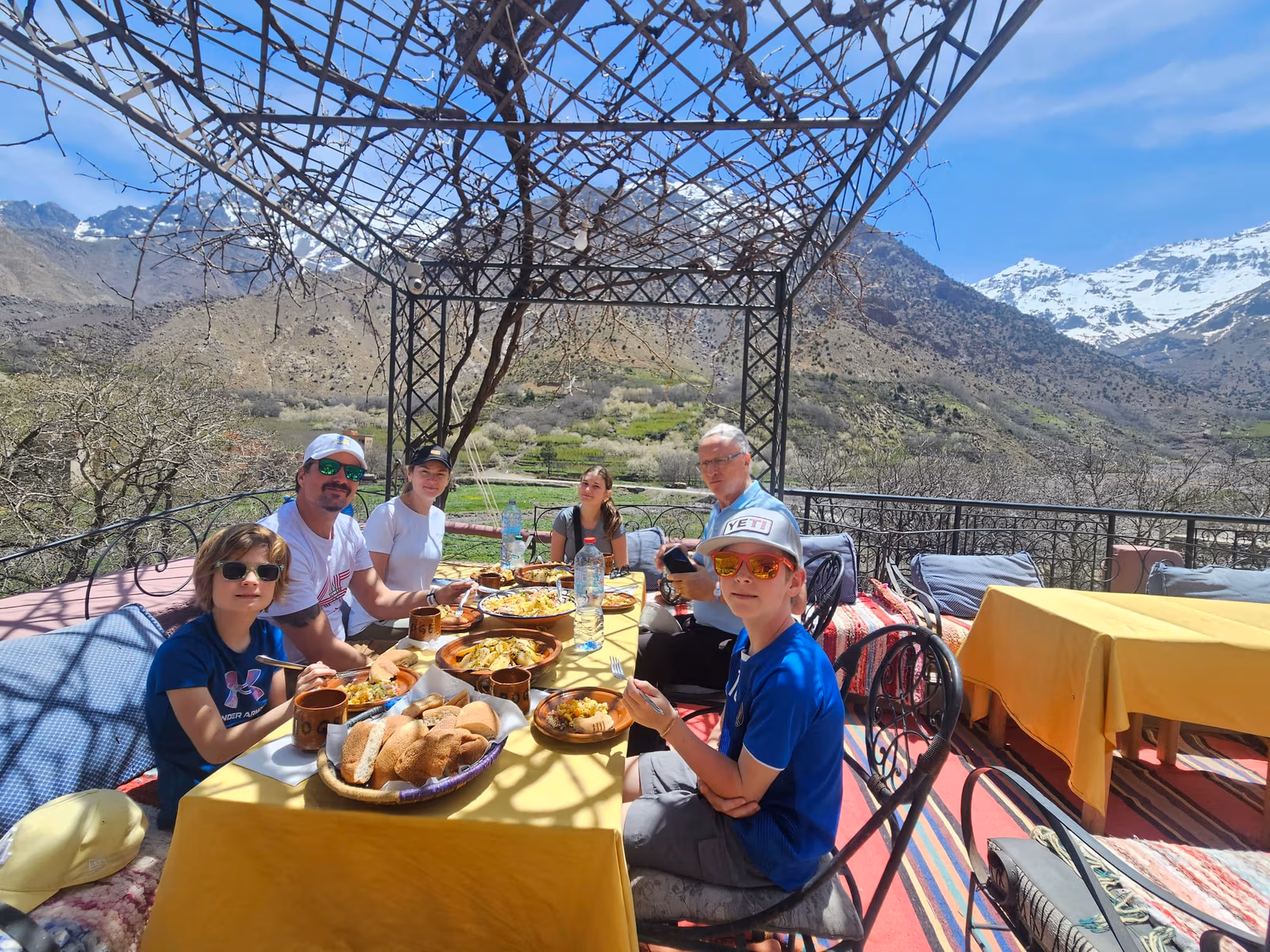 Lunch on the roof terrace facing the snowy High Atlas