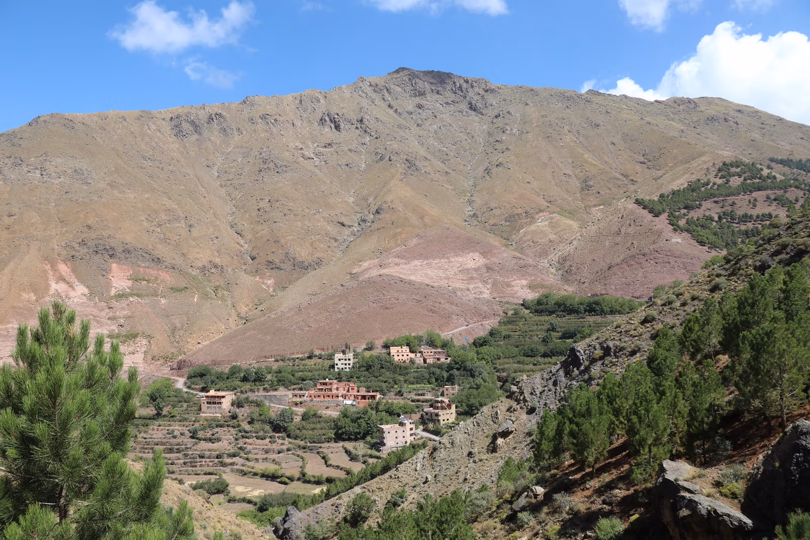 A High Atlas village and its terraced fields above the valley floor